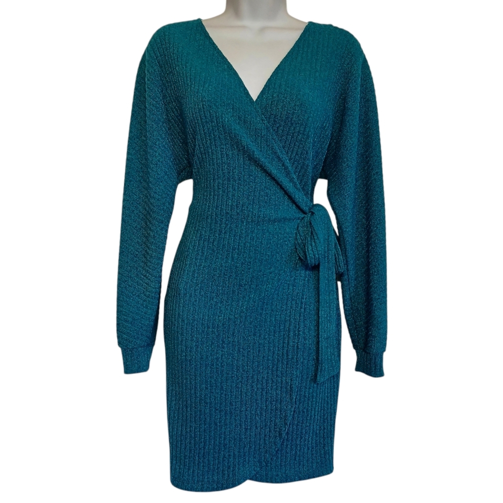 LUSH Teal Blue Knit Long Sleeve Wrap Stretchy Dress Large
